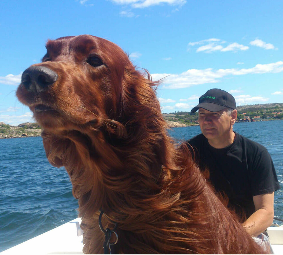 Douglas åker båt med husse Ulf. Foto Malin Eriksson